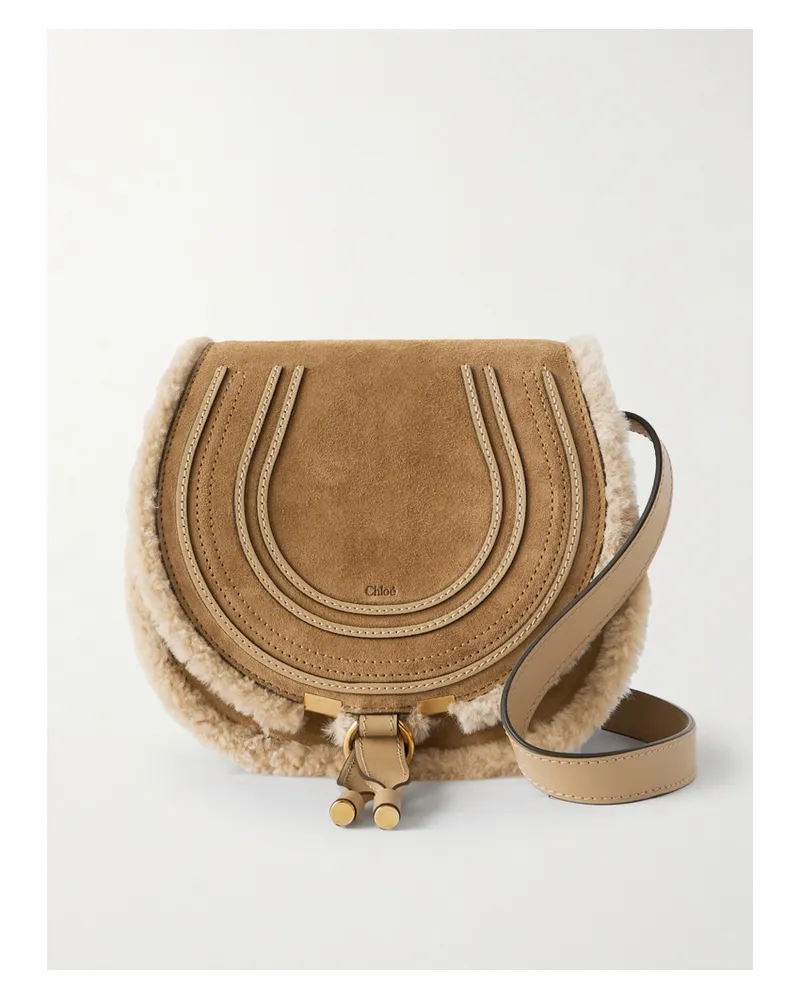 Chloé Marcie Schultertasche Aus Veloursleder Mit Besätzen Aus Shearling Und Leder - Neutral Neutral