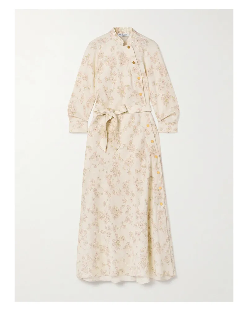 Loro Piana Belted Floral-print Linen And Cotton-blend Midi Dress - Cream Cream