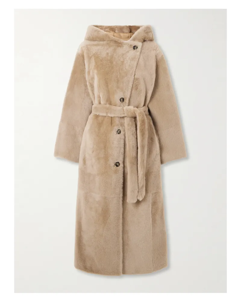 Yves Salomon Hooded Belted Shearling Coat - Neutrals Neutrals