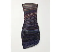 Asymmetrisches Minikleid Aus Gestreiftem Metallic-häkelstrick Mit Pailletten - Blau