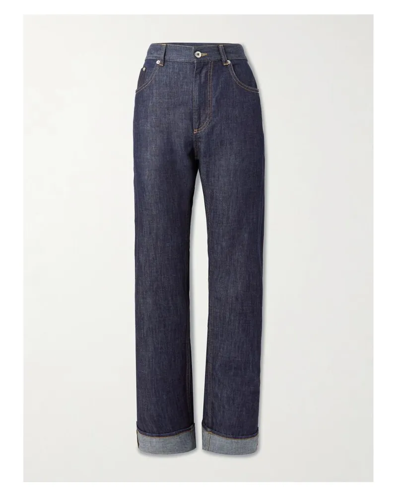 Bottega Veneta Halbhohe Jeans Mit Geradem Bein Aus Bio-denim Mit Besatz Aus Intrecciato-veloursleder - Blau Blau