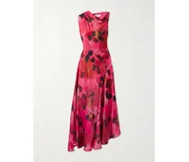 Midikleid Aus Seidensatin Mit Blumenprint Und Raffungen - Rot