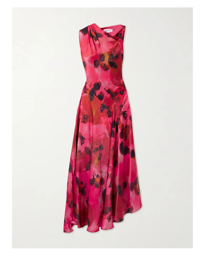 Victoria Beckham Midikleid Aus Seidensatin Mit Blumenprint Und Raffungen - Rot Rot