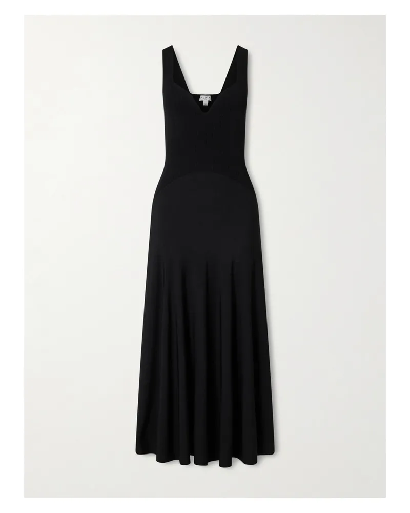 Alaïa Ribbed-knit And Jersey Pleated Midi Dress - Black Black