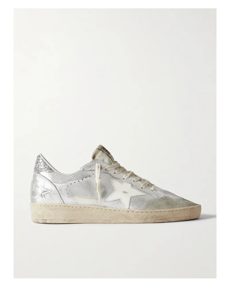 Golden Goose Ballstar Glittered Distressed Metallic Leather Sneakers - Silver Silver