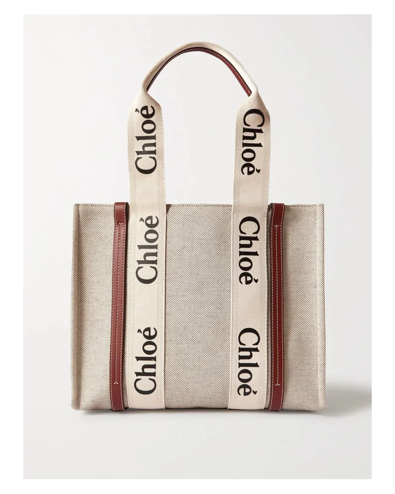 Chloé Woody Medium Leather And Webbing-trimmed Linen Tote - Brown Brown