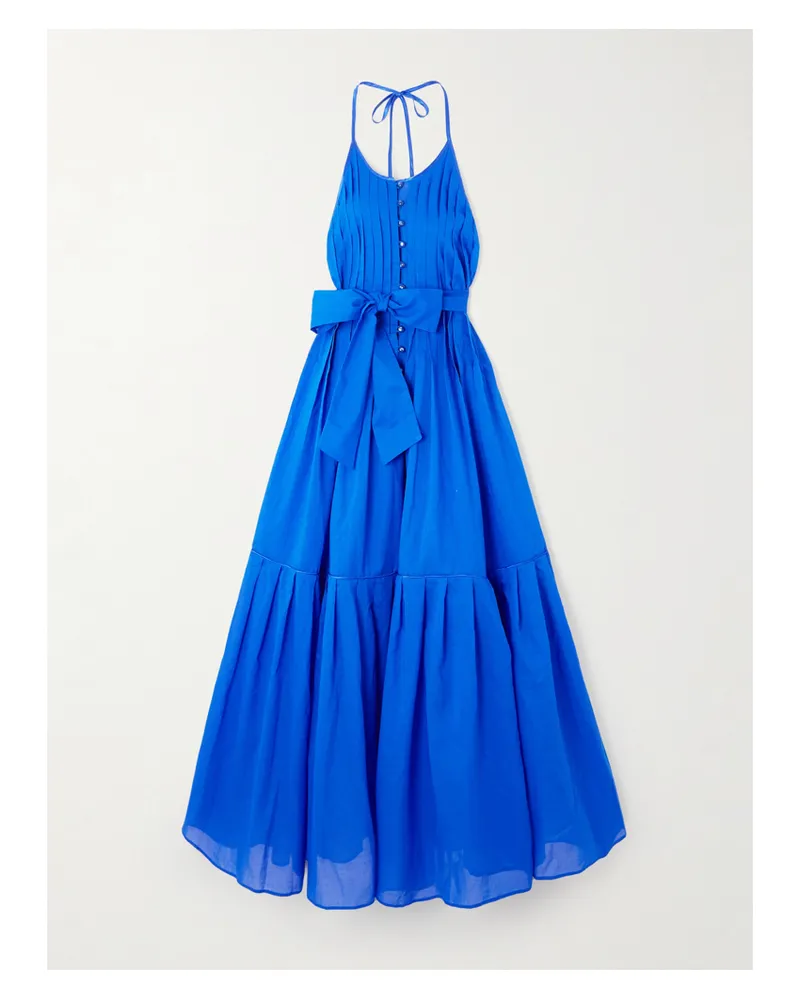 Loretta Caponi Patmos Neckholder-maxikleid Aus Baumwollpopeline Mit Teilungsnaht Und Bindegürtel - Blau Blau