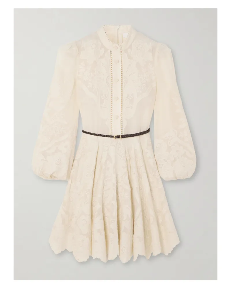 Zimmermann Ottie Minikleid Aus Besticktem Leinen Mit Besätzen Aus Ramie Und Gürtel Aus Geflochtenem Leder - Creme Creme