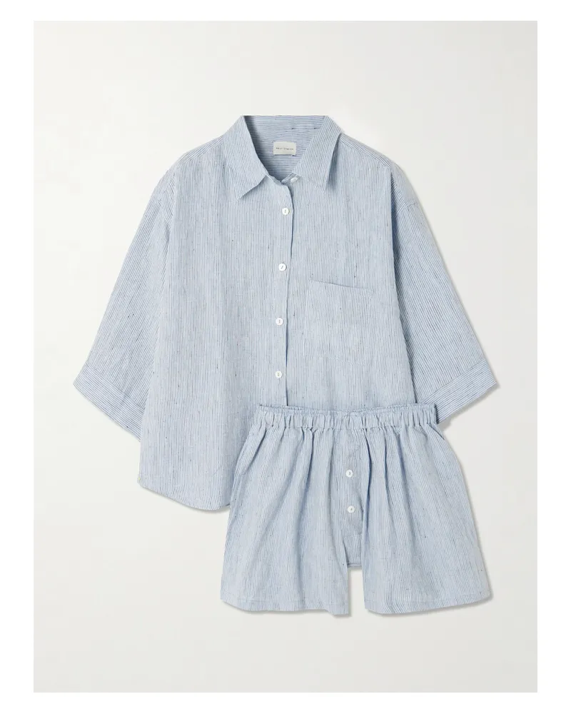 Deiji Studios The 03 Set Aus Hemd Und Shorts Aus Vorgewaschenem Leinen Mit Streifenmuster - Blau Blau