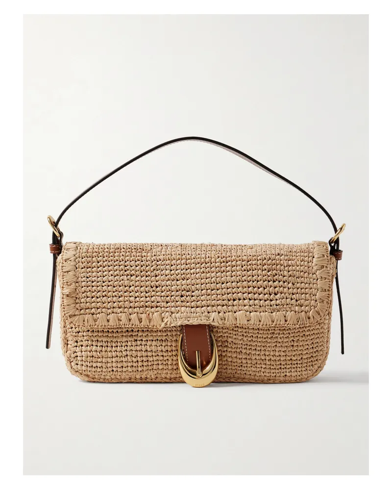 STAUD Harlow Buckled Leather-trimmed Raffia Shoulder Bag - Neutrals Neutrals