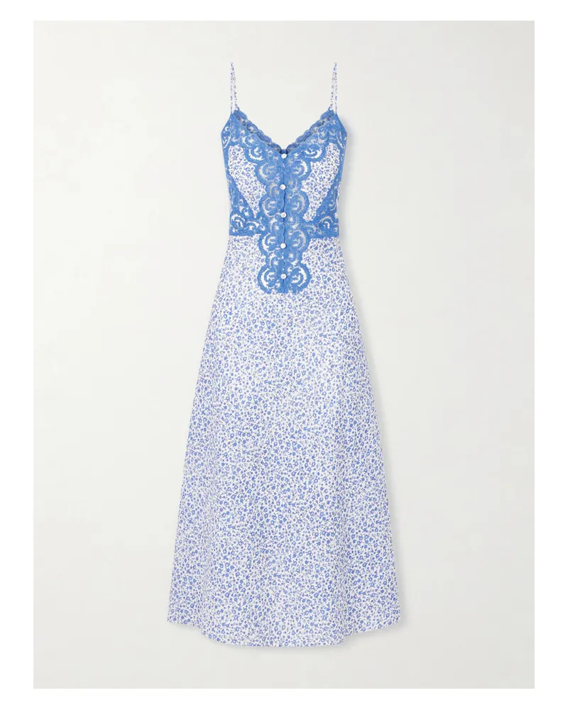 Loretta Caponi Palmira Floral-print Lace-trimmed Cotton Maxi Dress - Blue Blue
