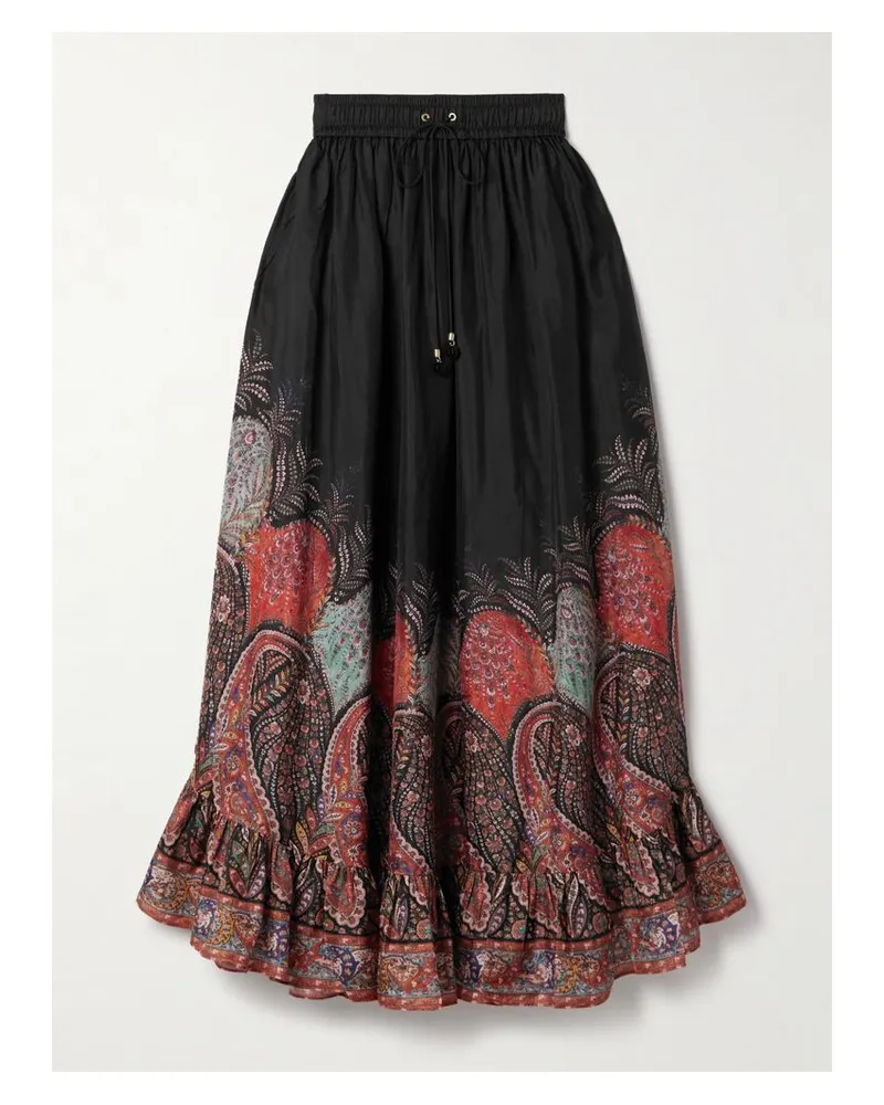 Zimmermann Rhiannon Maxirock Aus Bioseide Mit Paisley-muster Und Rüsche - Schwarz Schwarz