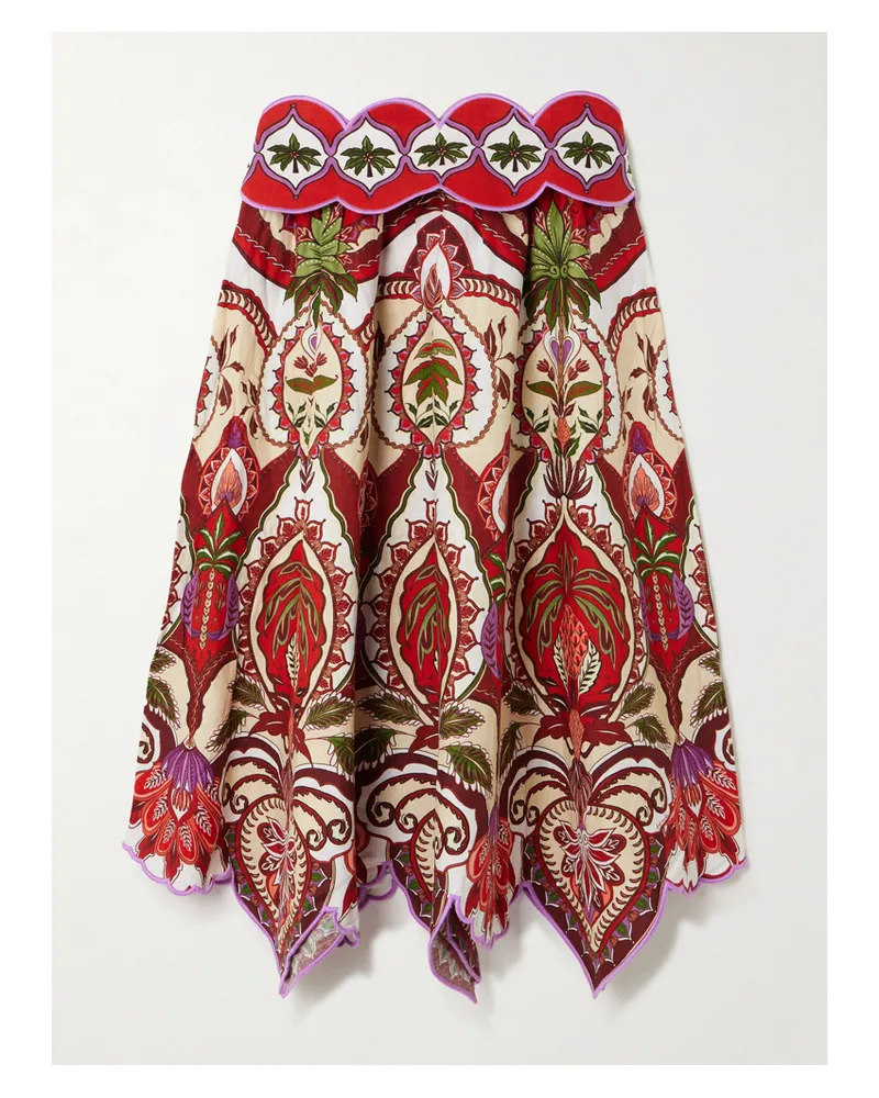 FARM Rio Odara Scalloped Printed Linen-blend Midi Skirt - Red Red