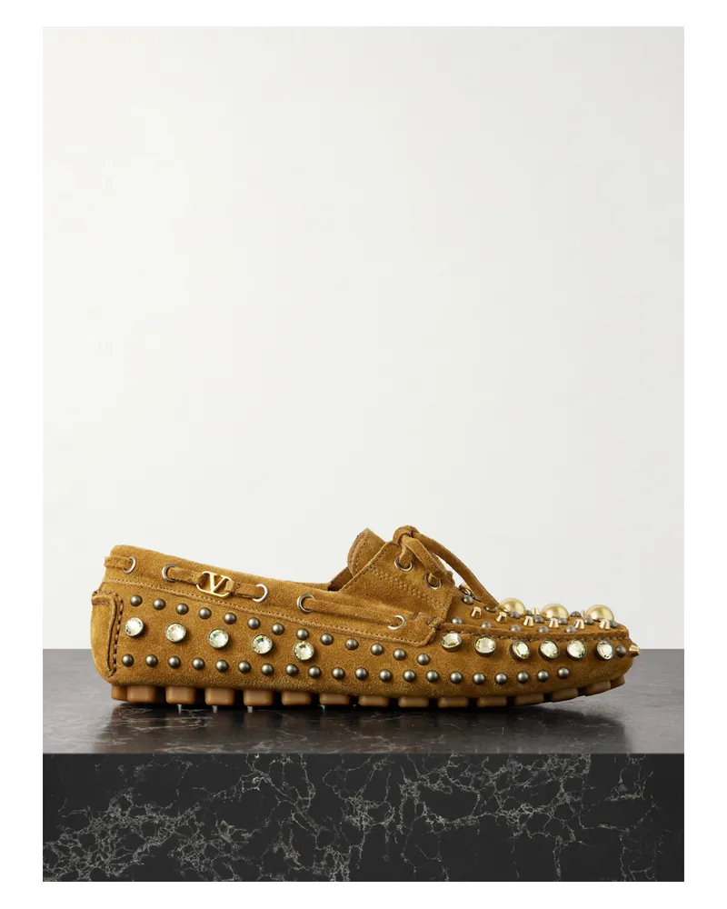 Valentino Garavani Fastaway Embellished Suede Loafers - Brown Brown