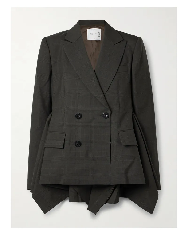 Sacai Glen Doppelreihiger Blazer Aus Wolle Mit Glencheck-muster Und Raffungen - Grün Grün