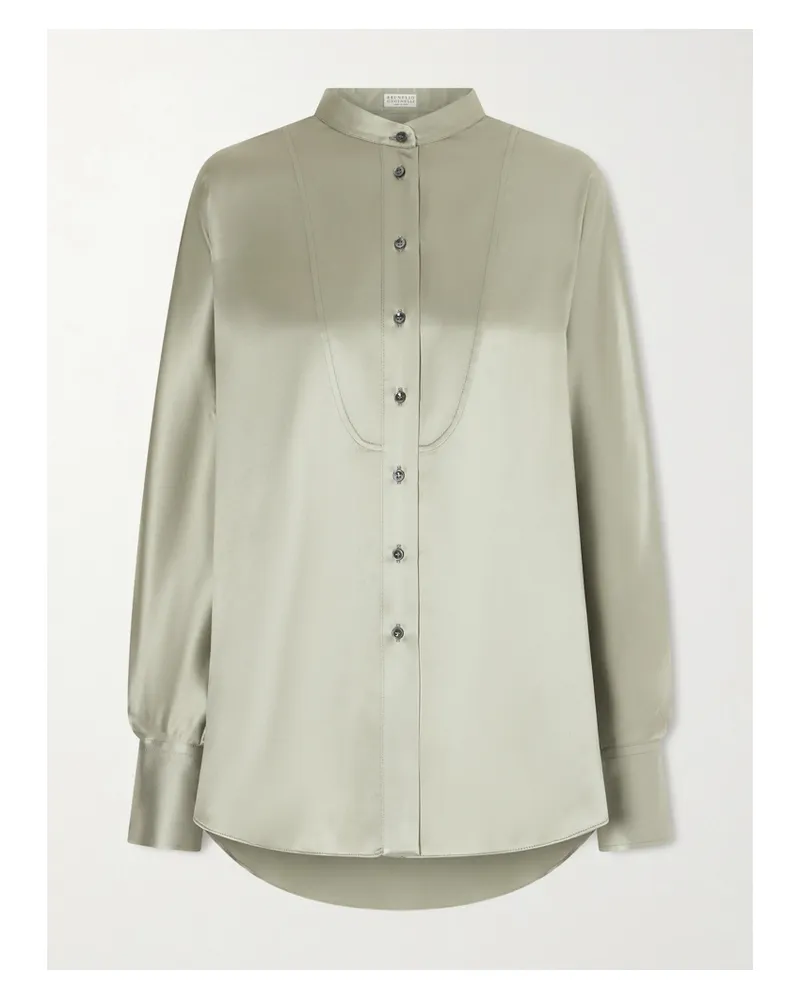 Brunello Cucinelli Bead-embellished Silk-blend Satin Shirt - Green Green