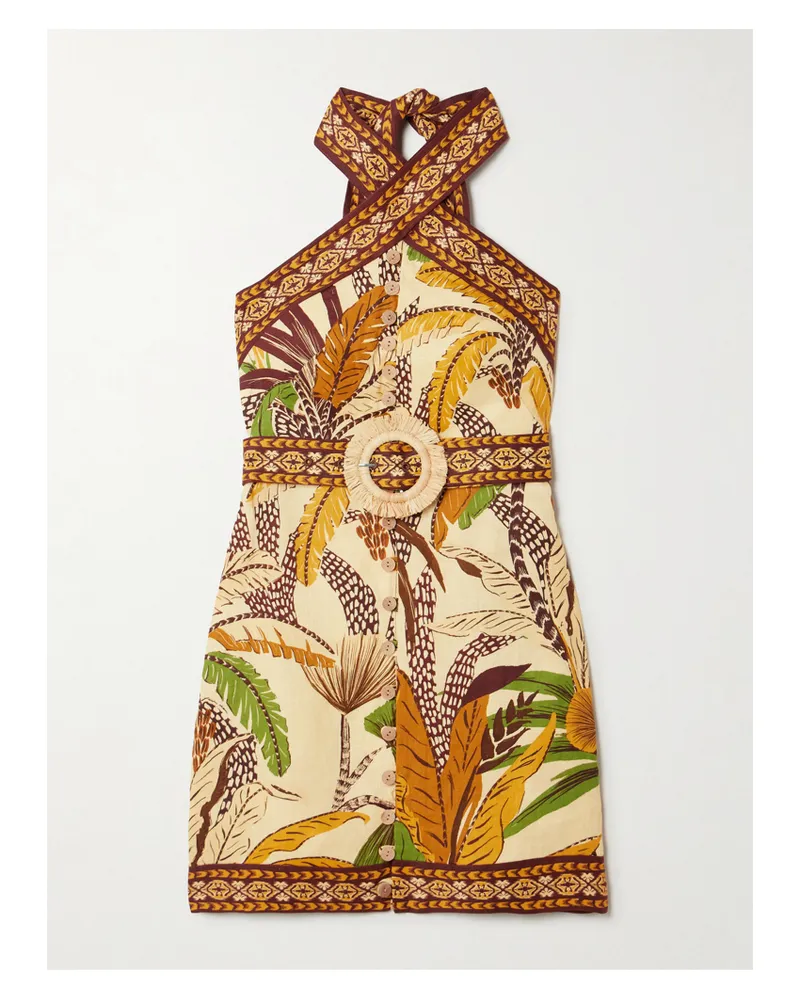 FARM Rio Neckholder-minikleid Aus Bedrucktem Leinen Mit Gürtel - Neutral Neutral