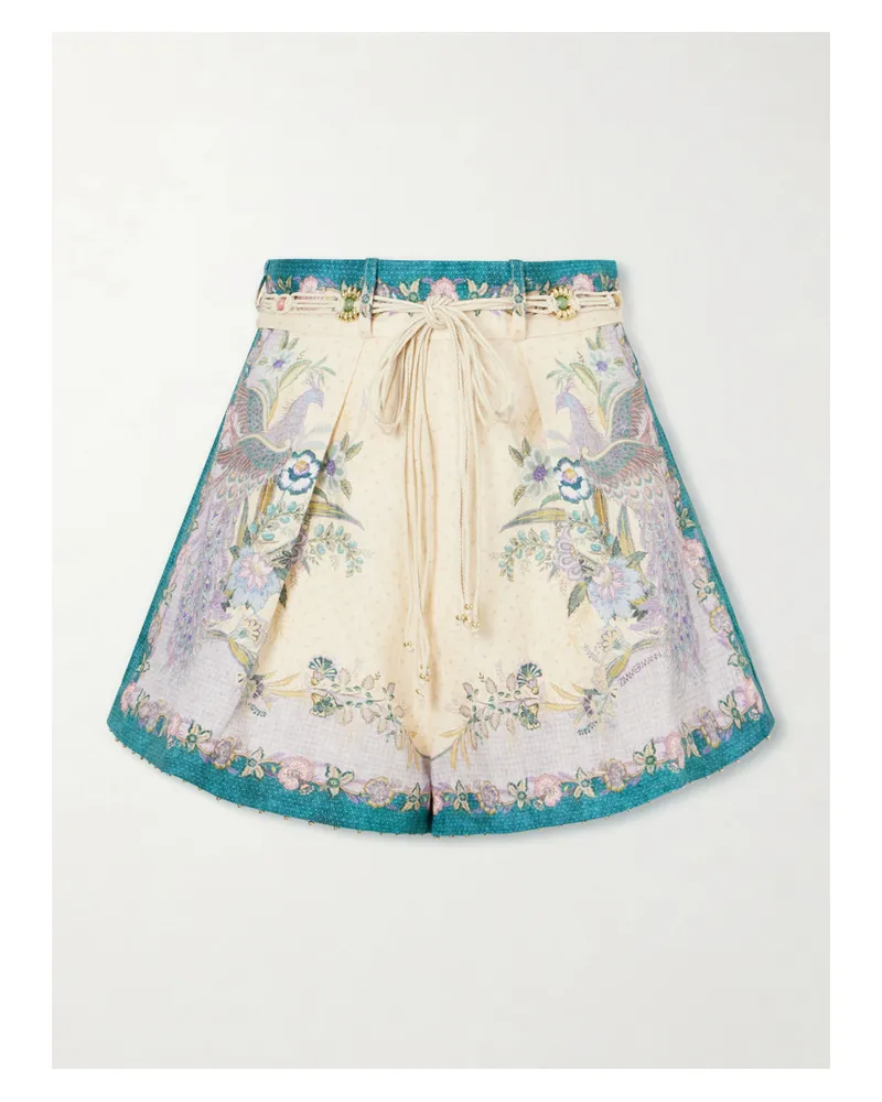 Zimmermann Indra Belted Mid-rise Floral-print Linen Shorts - Neutrals Neutrals