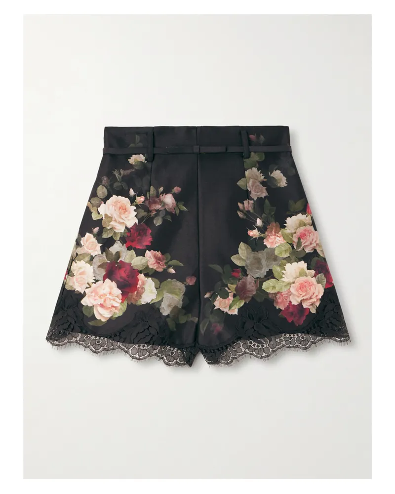 Zimmermann Shorts Aus Twill Aus Einer Seiden-baumwollmischung Mit Blumenprint, Spitzenbesätze Und Gürtel - Schwarz Schwarz