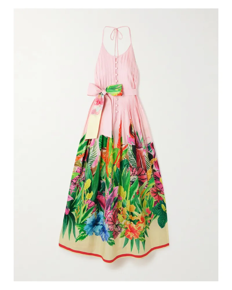 Loretta Caponi Patmos Neckholder-maxikleid Aus Baumwollpopeline Mit Blumenprint Und Bindegürtel - Mehrfarbig Mehrfarbig