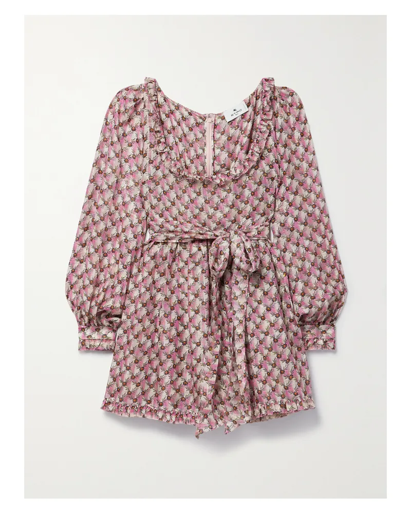 Etro Minikleid Aus Crêpe De Chine Aus Seide Mit Bindegürtel, Rüschen Und Blumenprint In Metallic-optik - Pink Pink