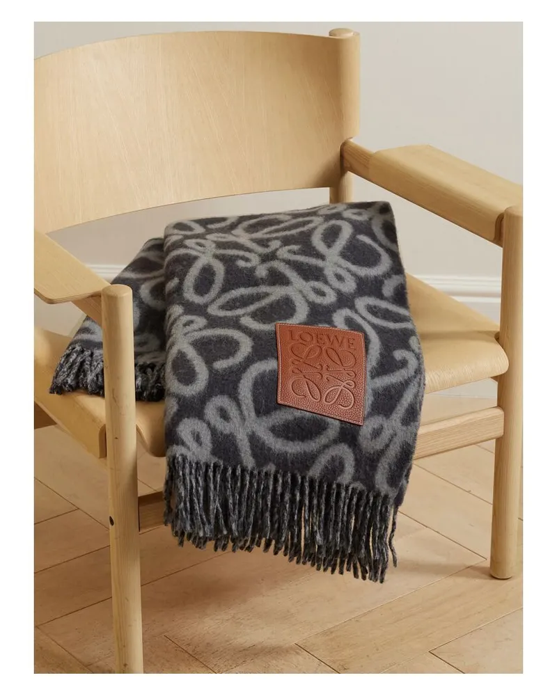 Loewe Decke Aus Jacquard Aus Einer Alpakawollmischung Mit Lederbesatz Und Fransen - Grau Grau