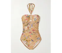 Patience Ruched Floral-print Halterneck Swimsuit - Brown