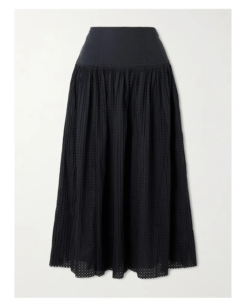Ulla Johnson Nalla Pleated Perforated Cotton Midi Skirt - Black Black