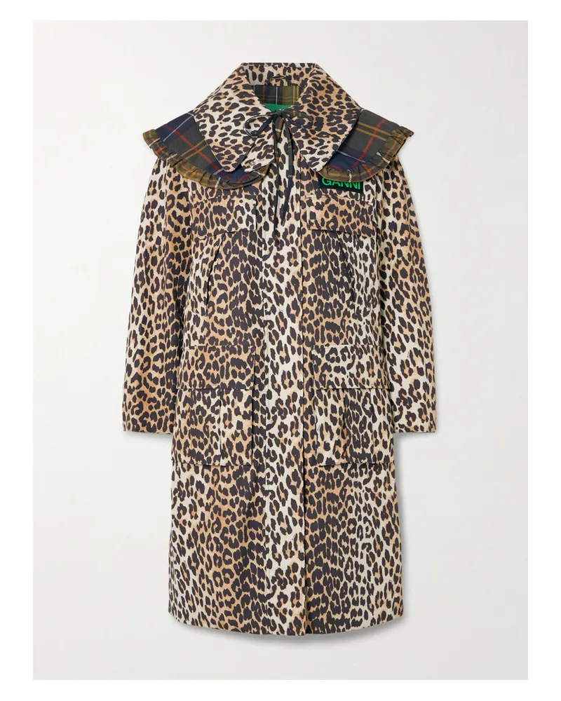 Barbour Ganni Hooded Ruffled Checked Leopard-print Shell Parka - Animal print Animal