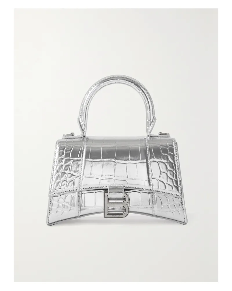 Balenciaga Hourglass Xs Metallic Leather Tote - Silver Silver