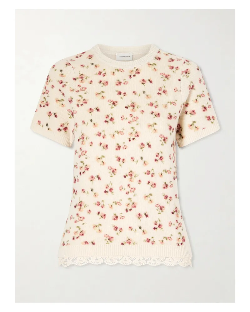 Magda Butrym Lace-trimmed Floral-print Ribbed Wool, Silk And Cashmere-blend T-shirt - Cream Cream