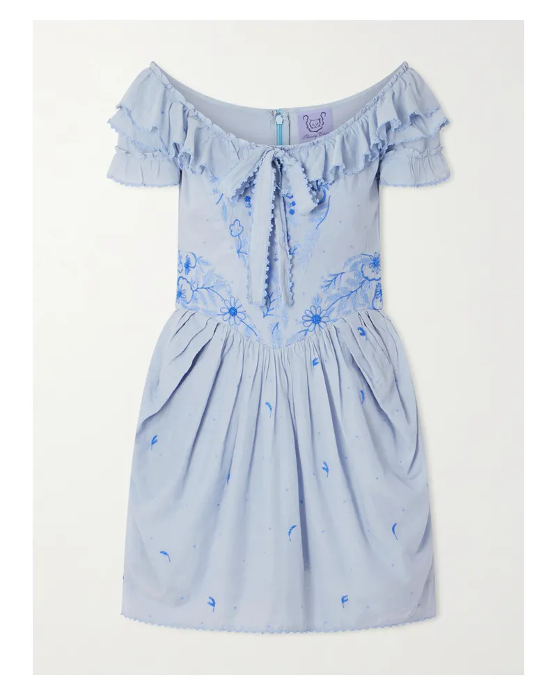 Thierry Colson Falbala Off-the-shoulder Bow-detailed Ruffled Pleated Embroidered Cotton-voile Mini Dress - Blue Blue