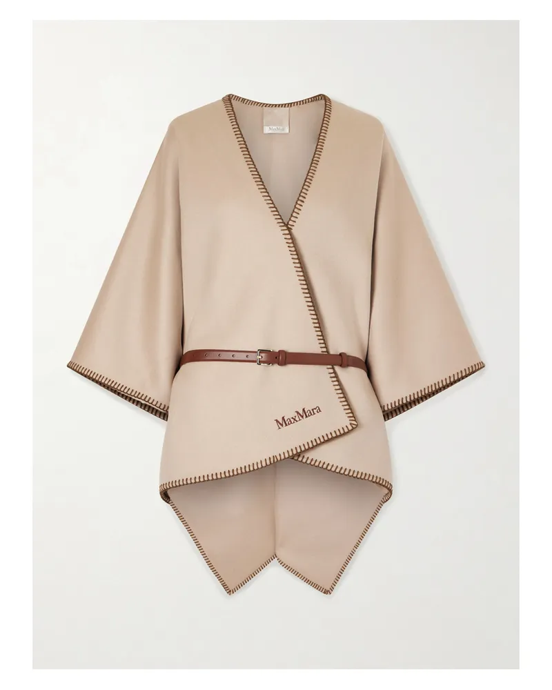 Max Mara Belted Whipstitched Embroidered Wool Cape - Neutrals Neutrals