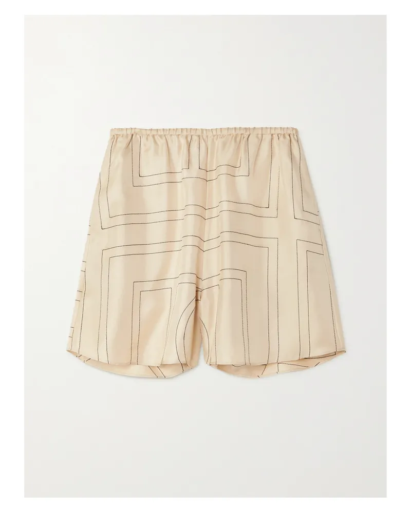Totême Embroidered Silk-twill Shorts - Neutrals Neutrals
