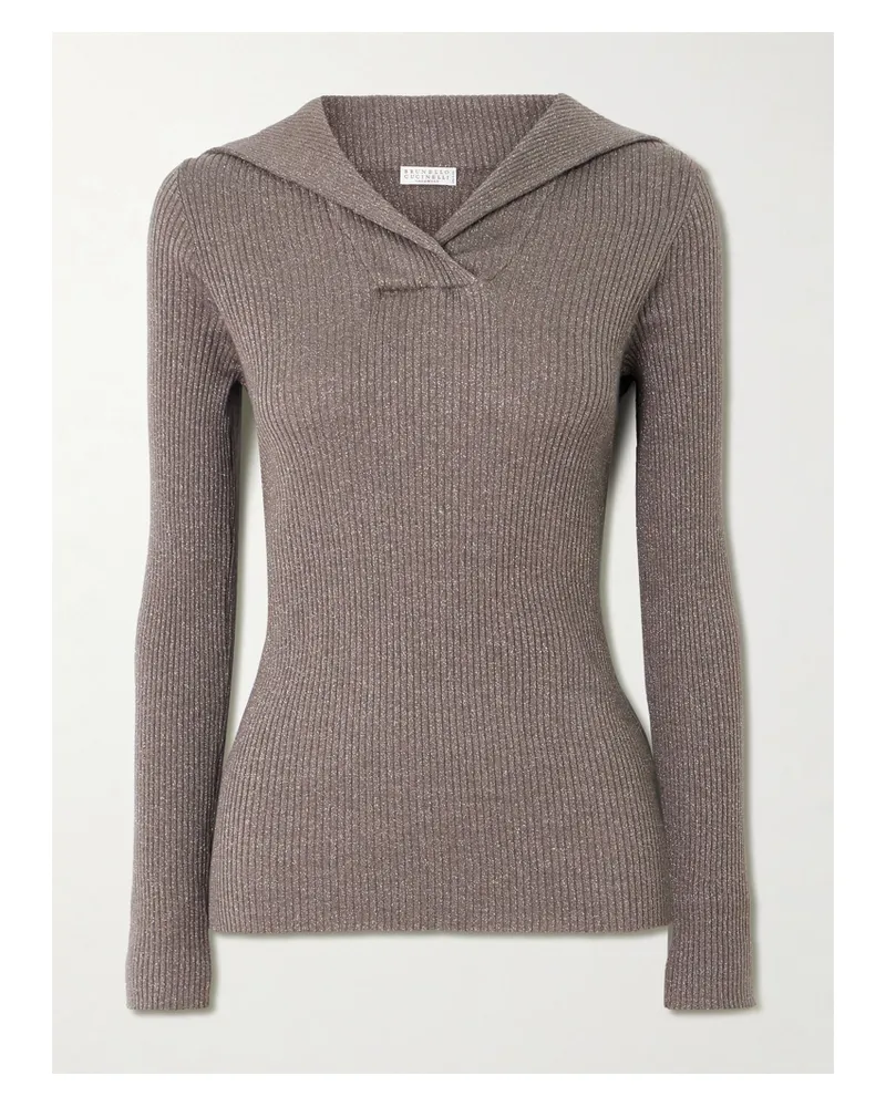 Brunello Cucinelli Ribbed Metallic Cashmere And Silk-blend Top - Brown Brown