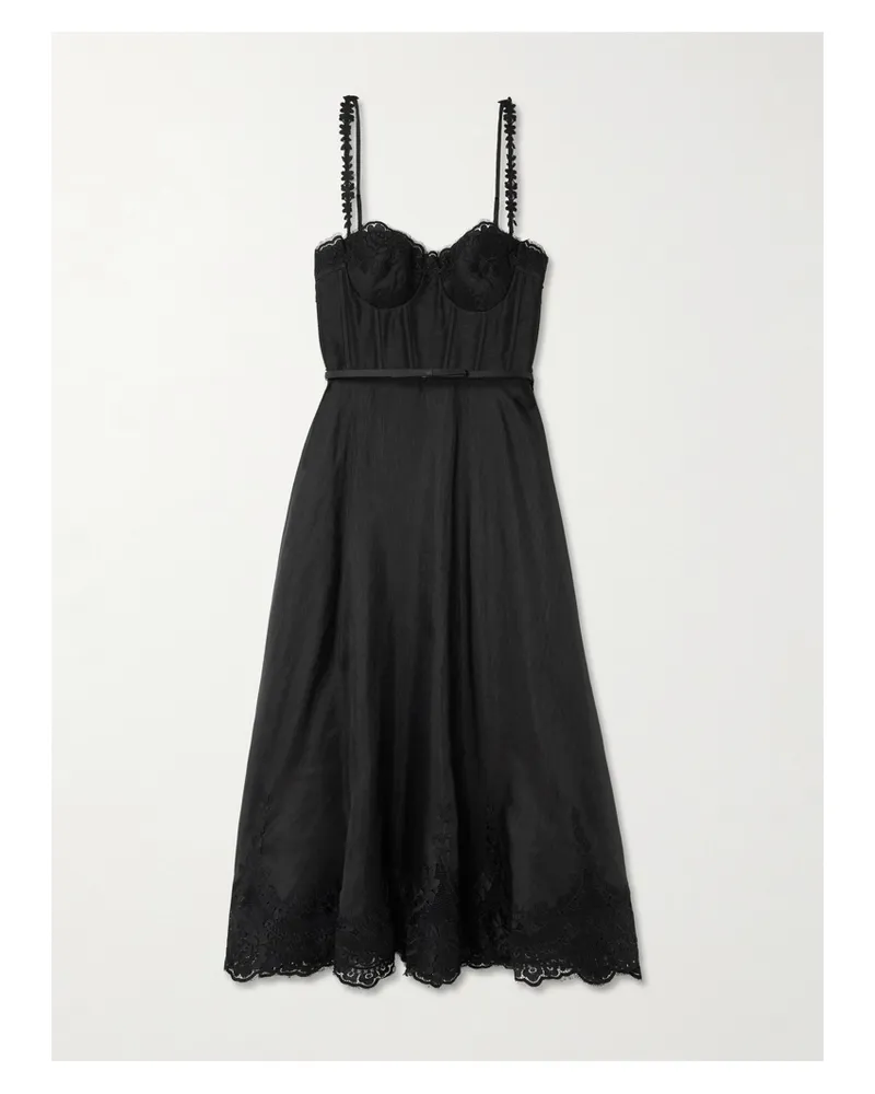 Zimmermann Hypnotic Picnic Midikleid Aus Einer Leinen-seidenmischung Mit Spitzenbesätzen Und Gürtel - Schwarz Schwarz