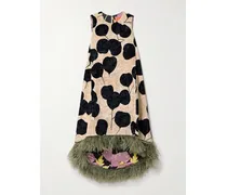 La Scala Asymmetrisches Kleid Aus Samt In Knitteroptik Mit Blumenprint Und Federn - Ecru