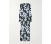 Gathered Floral-print Stretch-mesh Maxi Dress - Blue