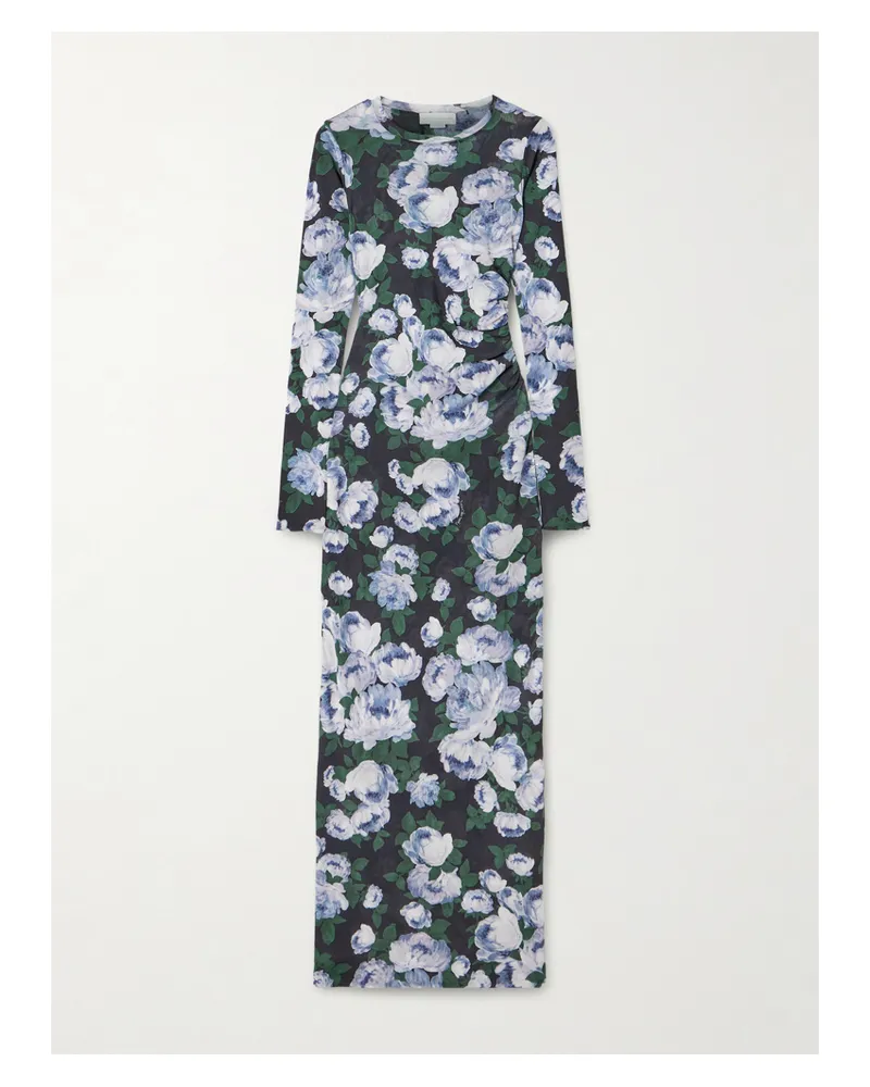 Stella McCartney Gathered Floral-print Stretch-mesh Maxi Dress - Blue Blue