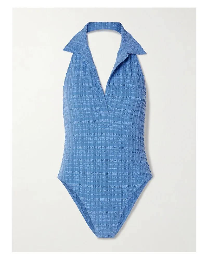 Lisa Marie Fernandez Polo Neckholder-badeanzug Aus Seersucker - Blau Blau