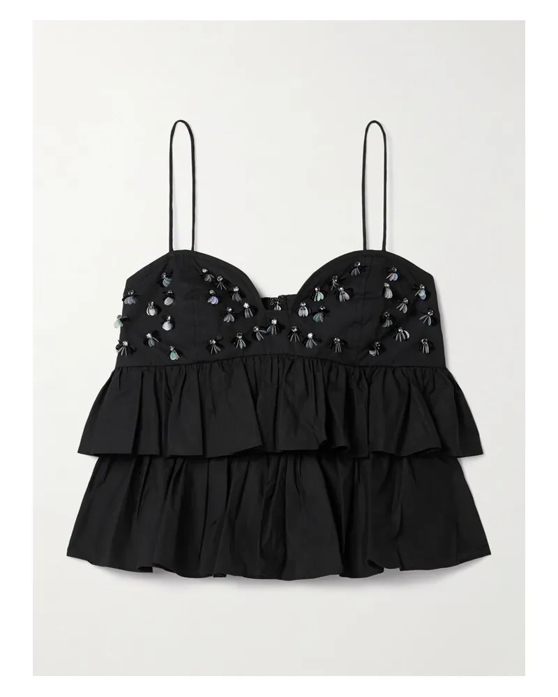 Ulla Johnson Lucia Verkürztes Oberteil Aus Baumwollpopeline Mit Rüschen Und Verzierungen - Schwarz Schwarz