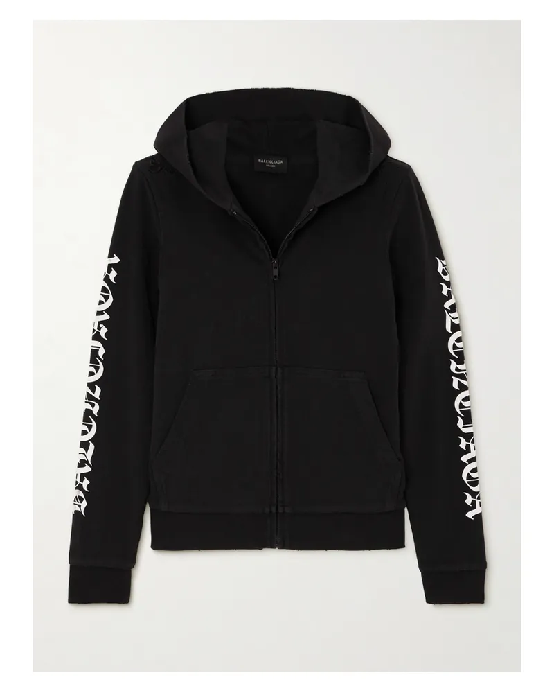 Balenciaga Distressed Printed Cotton-blend Jersey Hoodie - Black Black