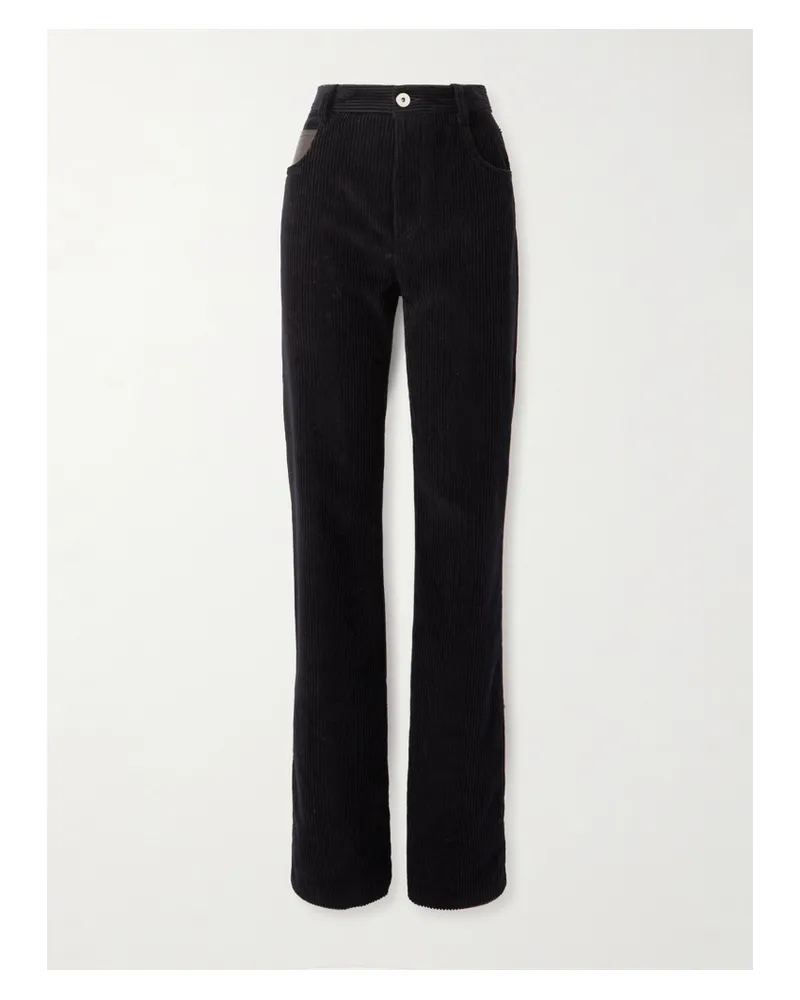Bottega Veneta Leather-trimmed Cotton-corduroy Straight-leg Pants - Blue Blue