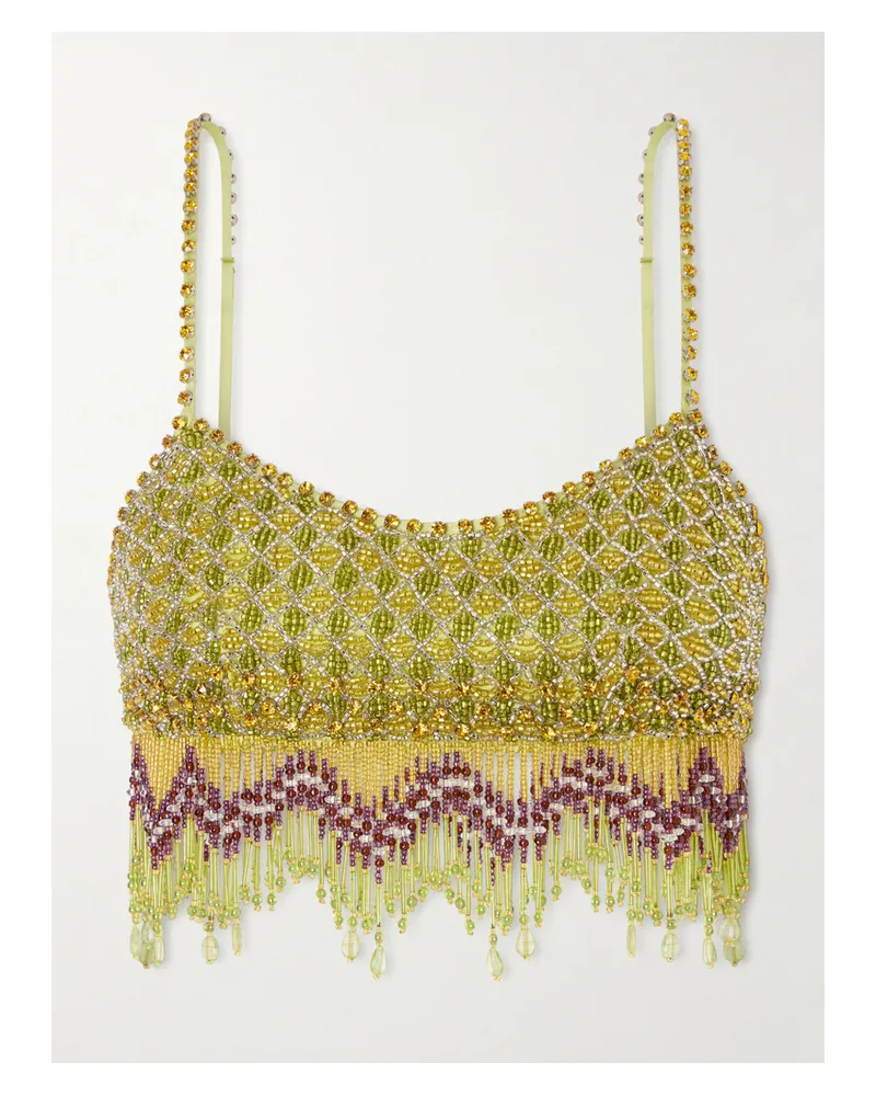 BODE Bottleglass Cropped Fringed Beaded Satin Top - Green Green