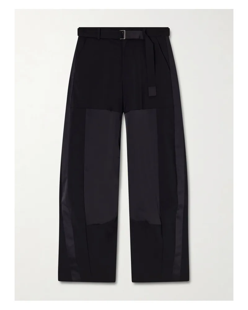 Sacai Belted Paneled Wool Wide-leg Pants - Black Black