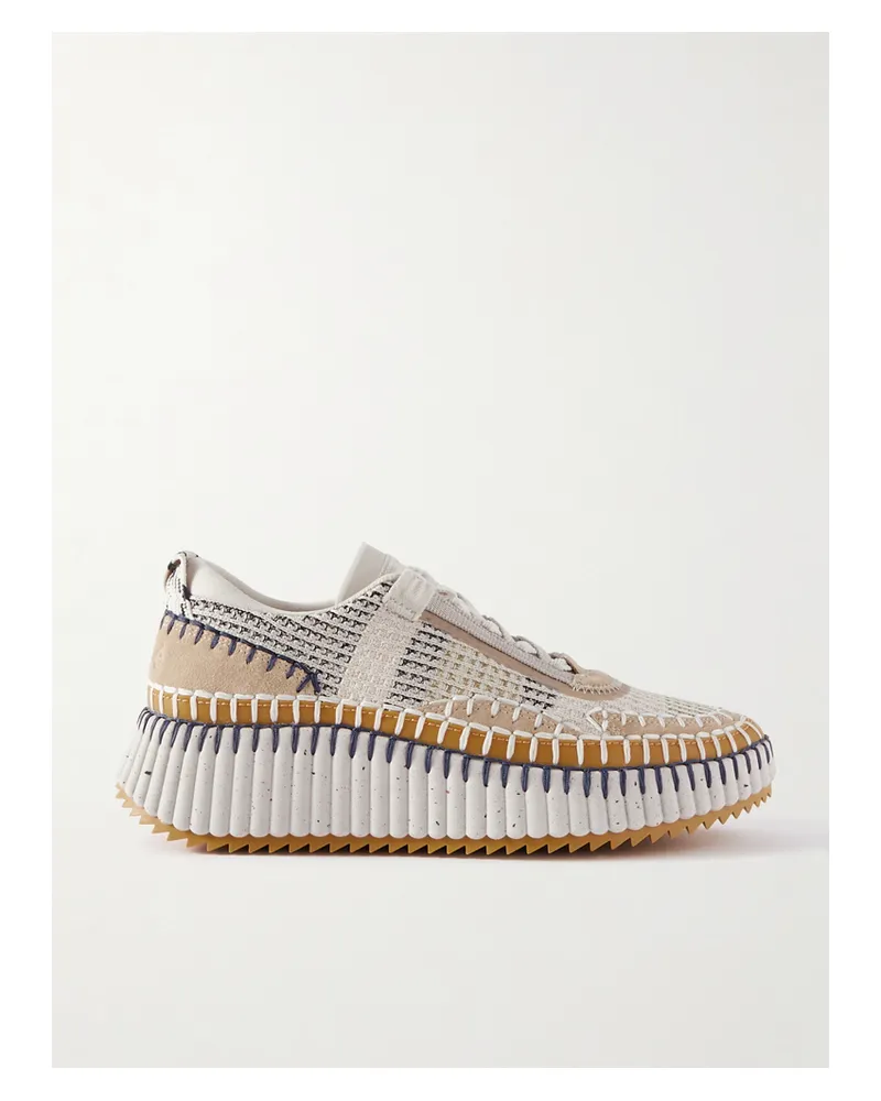 Chloé Nama Embroidered Suede And Recycled-mesh Sneakers - Neutrals Neutrals