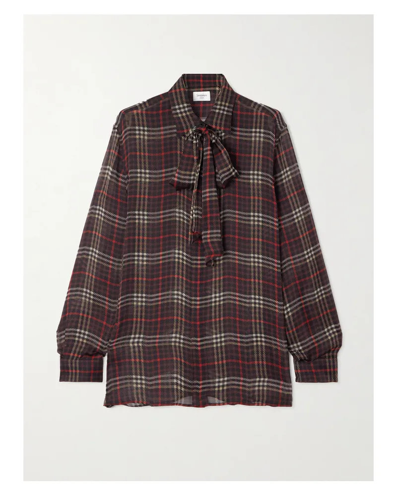Saint Laurent Hemd Aus Kariertem Seidenchiffon Mit Schluppe - Burgunder Burgunder
