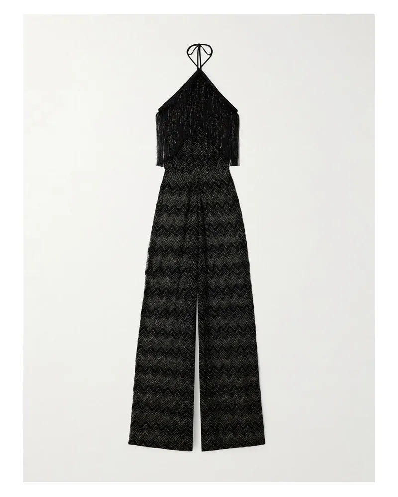 Missoni Mare Neckholder-jumpsuit Aus Metallic-häkelstrick Mit Fransen - Schwarz Schwarz