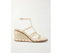 Rockstud Metallic Leather Espadrille Wedge Sandals - Gold
