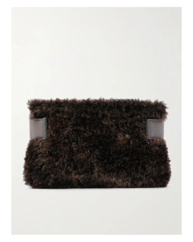 Brunello Cucinelli Bead-embellished Leather-trimmed Shearling Clutch - Brown Brown